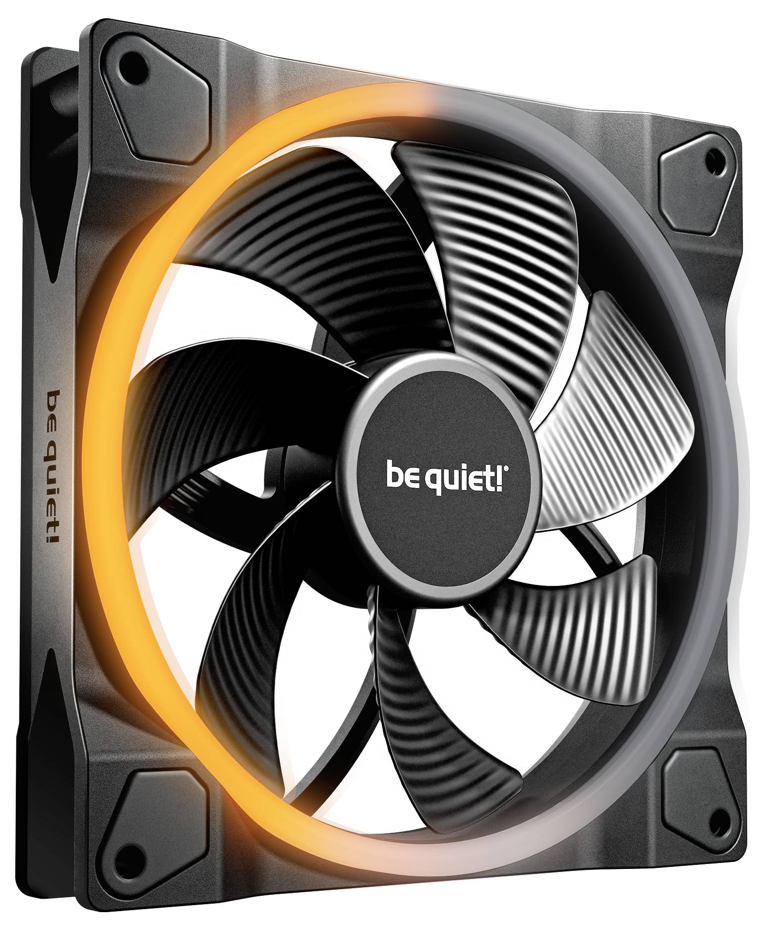 A computer cooling fan with black blades, labeled 'be quiet!', features an orange LED light ring around the edge.