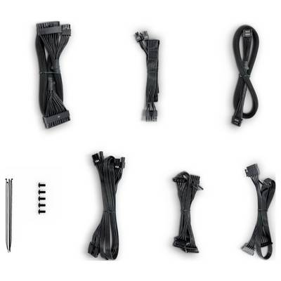 A collection of black computer cables and accessories, including cable ties and screws, organized neatly on a light background.