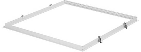 A white rectangular metal frame with four adjustable clips on each side, likely used for securing a panel or cover.