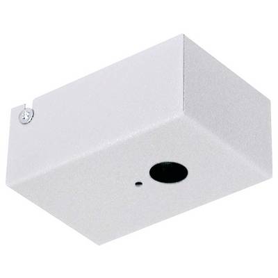 A white metal box with a circular hole and a small opening, possibly for mounting or housing a device.