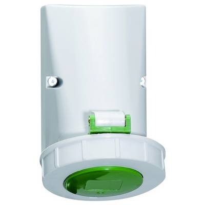 A vertical, white and green cylindrical dispenser mounted on a wall, with a clear cover and a visible green button.