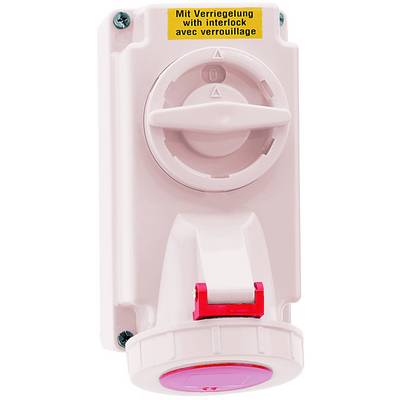 A white switch with a large pink knob, a red latch at the bottom, and a yellow label on top saying 'with interlock' in three languages.