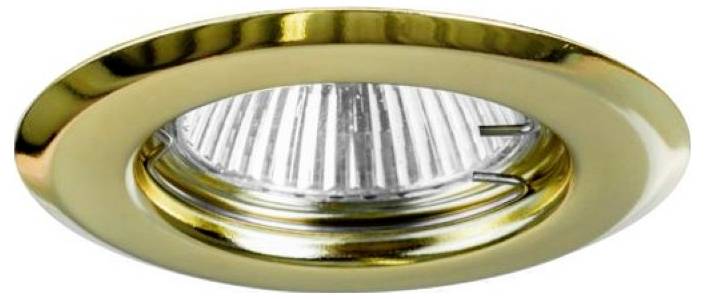 Gold recessed ceiling light fixture with a round, reflective trim and clear ribbed glass lens