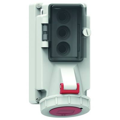 A gray industrial electrical plug with a protective cover and a prominent red locking mechanism is mounted on a white surface.