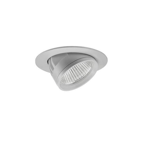 Recessed ceiling spotlight with a tilted silver trim and visible LED-style light fixture.