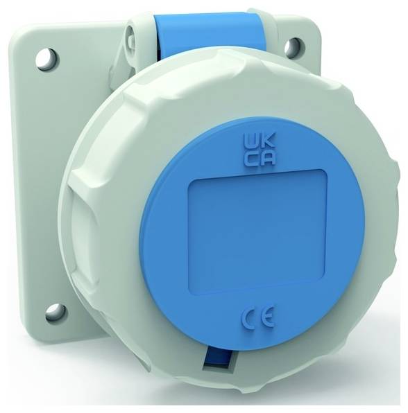 A round, light grey industrial socket with a blue cover, marked with 'WK CA' and a CE symbol, is mounted on a rectangular base.