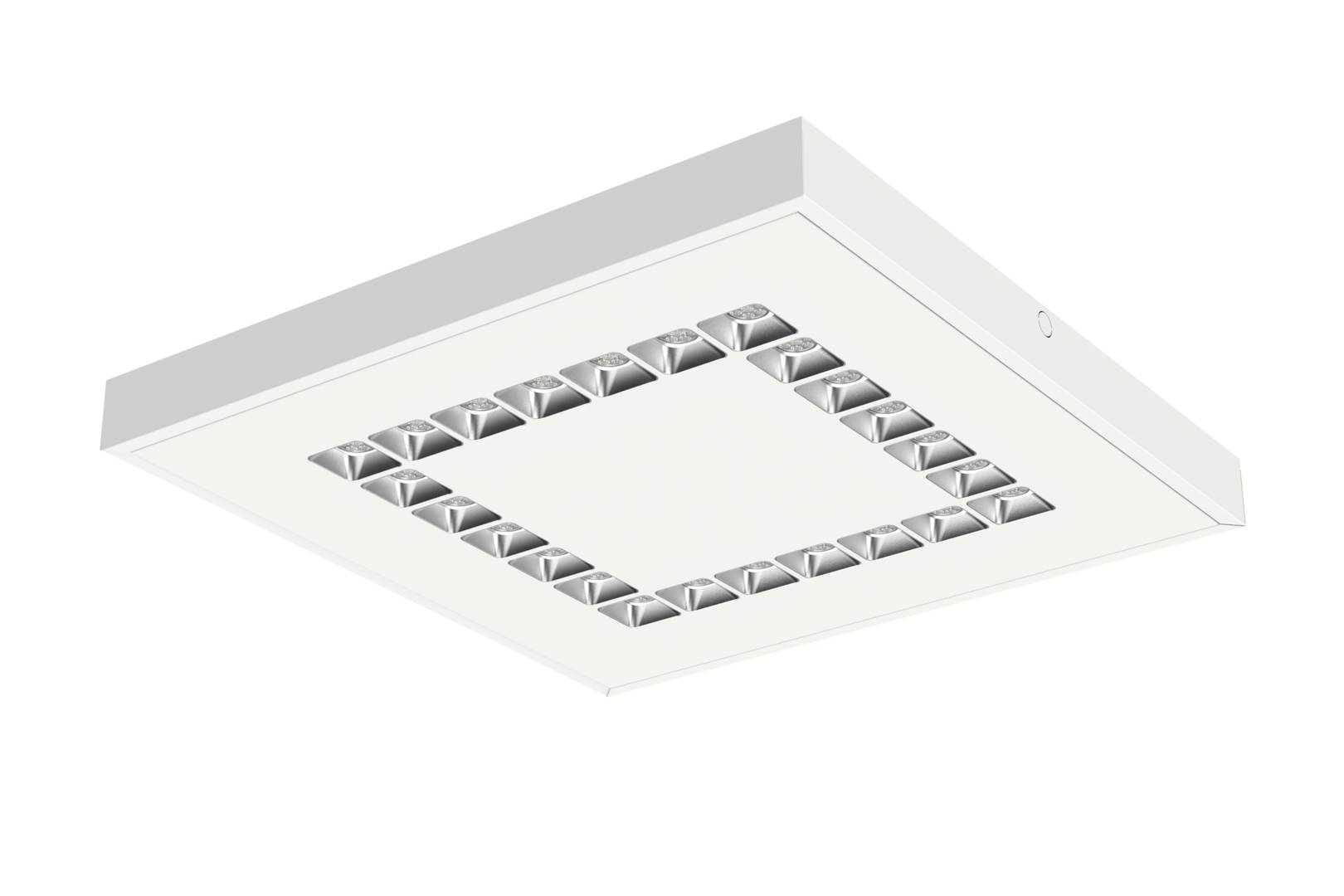 A square recessed ceiling light fixture with a white trim and a ring of reflective LED-style bulbs around the center opening.<br>