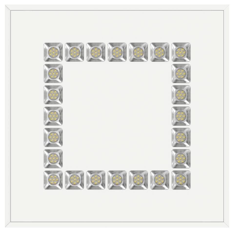 Square frame made of small metallic light fixtures, forming an empty center on a white background.