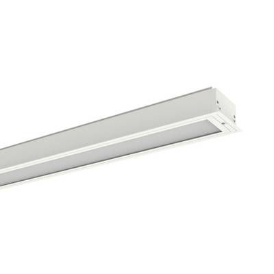 White linear LED ceiling light fixture viewed at an angle on a white background.<br>