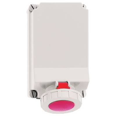 A white electronic enclosure with a prominent red emergency stop button on the lower part, used for safety in industrial settings.