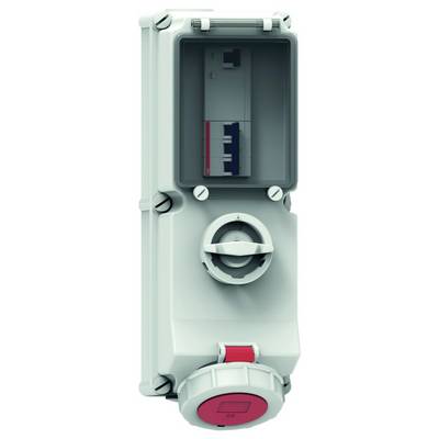 Industrial control box with a clear cover revealing three circuit breakers and a rotary switch.