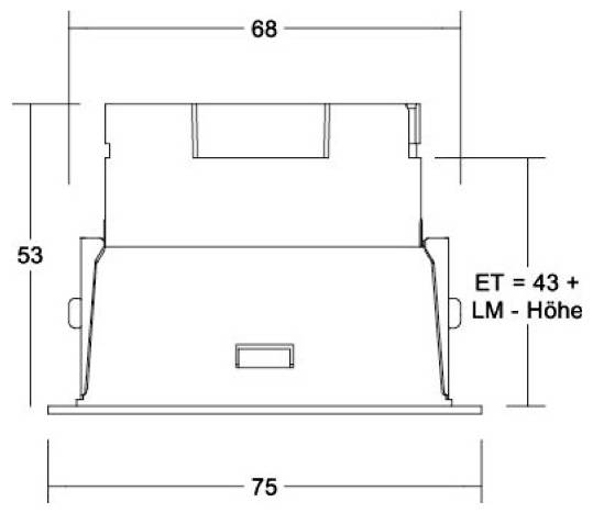 Dimensioned technical drawing of a recessed rectangular component, showing width 68, base width 75, height 53, and installation depth ET = 43 + LM height.