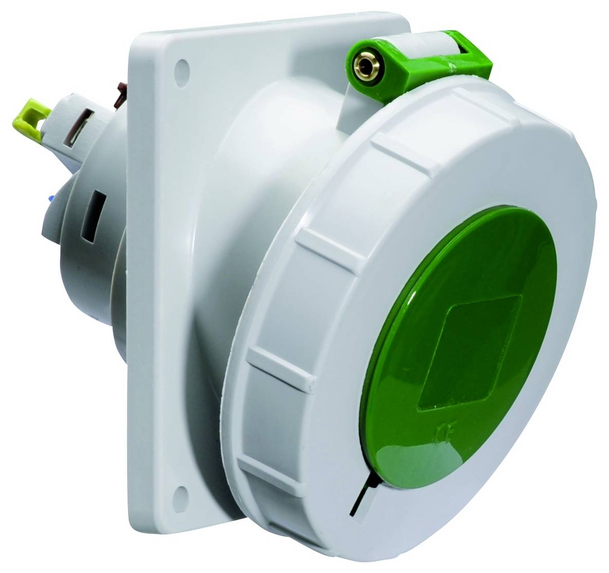 A close-up view of a green and white industrial electrical plug socket with a hinged cover, mounted on a rectangular base.