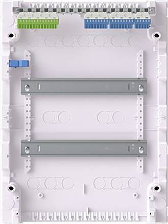 'Empty plastic distribution box with mounting rails, cable entry points, and space for connectors or circuit breakers, ready for installation.'