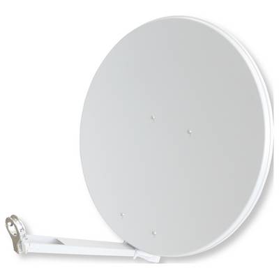 A large, gray satellite dish with a metal arm extending from the side, set against a plain white background.