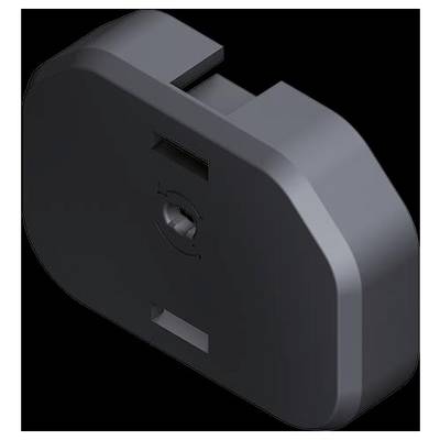 A three-dimensional rendering of a dark gray, rectangular electronic component with rounded edges and a central circular detail.