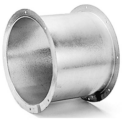 'A galvanized steel round duct connector with flanged ends, designed for HVAC systems, used to join sections of round ductwork.'