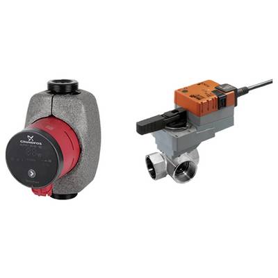 Pictured are two plumbing components: a red Grundfos pump on the left, and an orange Belimo valve with a motorized actuator on the right.