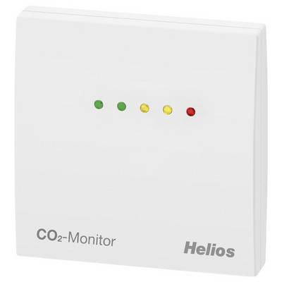 'CO₂-Monitor' device with five lights indicating air quality; two green, two yellow, one red. 'Helios' brand name visible.