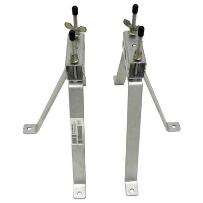 Two metal support brackets with screws and adjustable components, designed for mounting or stabilizing structures.