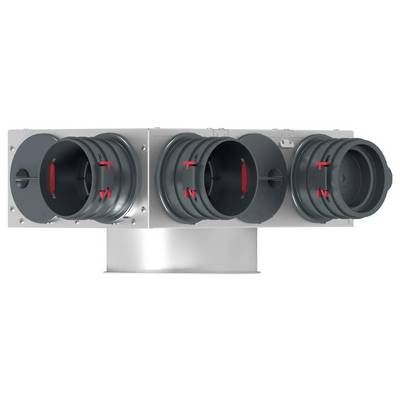 Ventilation duct component with three circular outlets and adjustable red mechanisms, used for air flow control in building systems.