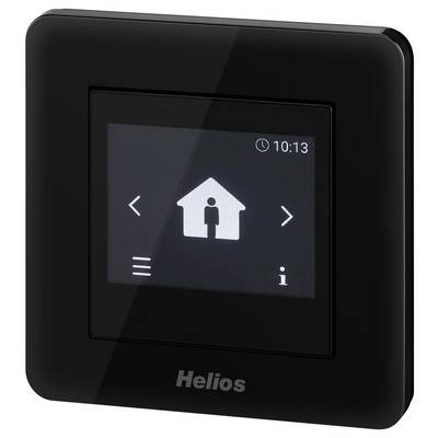 'Helios' touchscreen control panel displaying a house icon, time '10:13', and navigation arrows, likely for home automation settings.