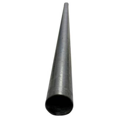 A long, cylindrical metal tube with a shiny surface and hollow center, narrowing towards the top of the image.