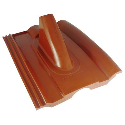 A red roof tile with an integrated vertical pipe collar for ventilation or plumbing purposes.