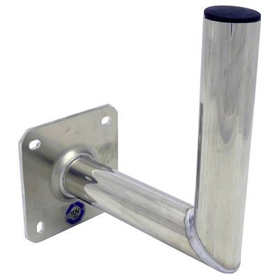 A metal wall bracket with a cylindrical arm and a square base featuring four mounting holes, designed for supporting antennas or similar equipment.