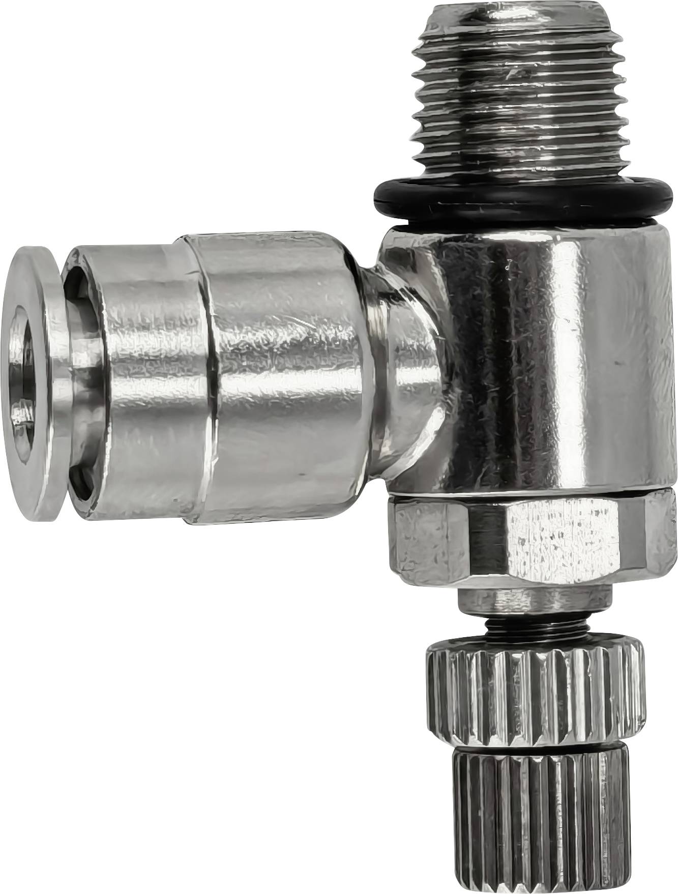 Metal angled pneumatic fitting with threaded male top and knurled adjustment collar, isolated on white background