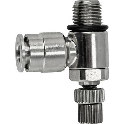 Metal angled pneumatic fitting with threaded male top and knurled adjustment collar, isolated on white background