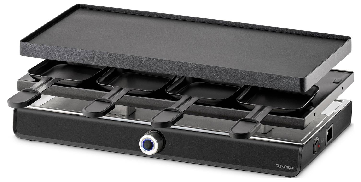 An electric raclette grill with multiple small pans and a large grilling plate. Ideal for communal dining and food preparation.