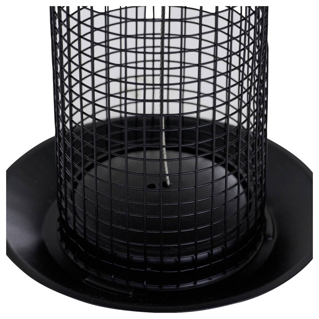 'A black metal mesh bird feeder with a circular base, suitable for outdoor use.'