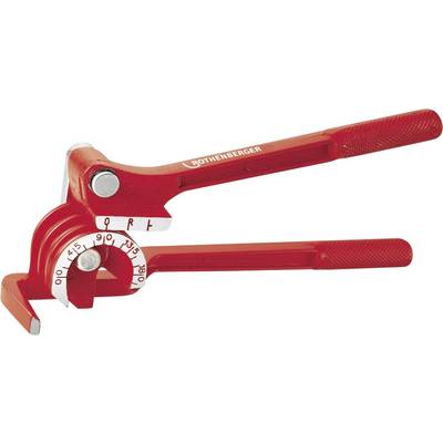 A red pipe bender tool with measurements marked on a semicircular frame, used for bending pipes to specific angles.