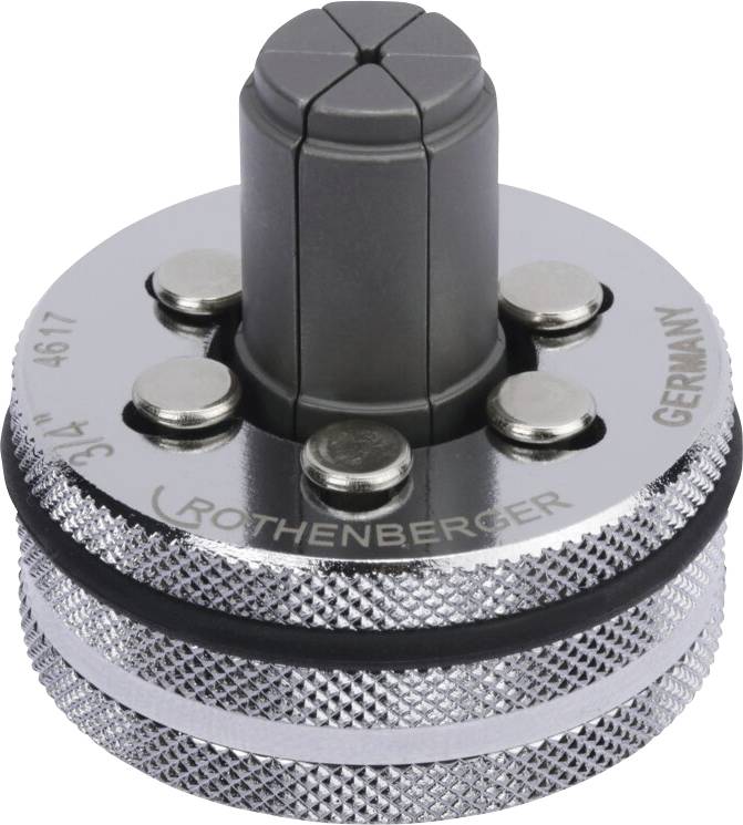 A close-up of a Rothenberger pipe cutting tool featuring a cylindrical design with a textured grip and visible screws on the top.