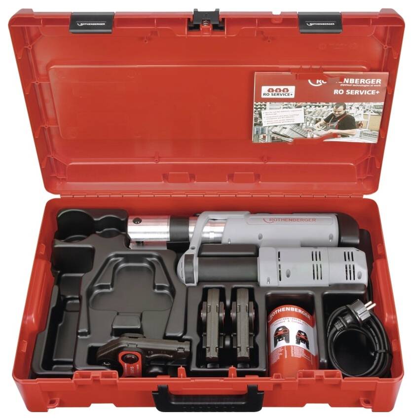 Red toolbox containing a specialized pipe welding tool, attachments, user manual, and cable, designed for plumbing professionals.