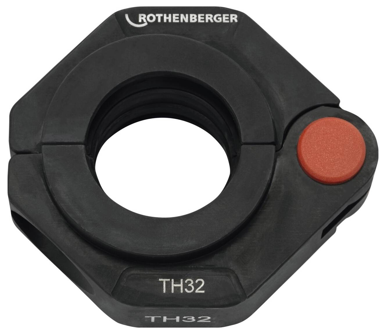 'Rothenberger TH32' pipe pressing jaw with a hexagonal shape and visible red button for operation.