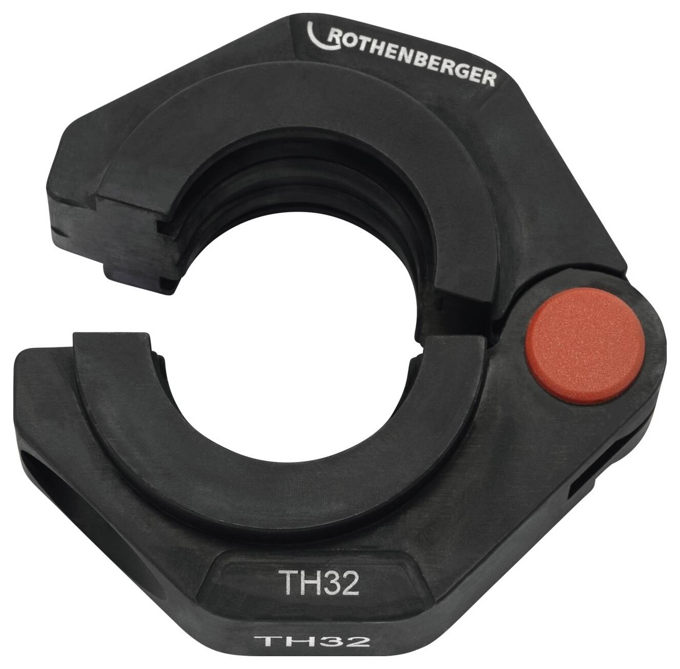 'Rothenberger TH32' black pipe crimping tool with a red button, designed for securing pipe fittings efficiently.