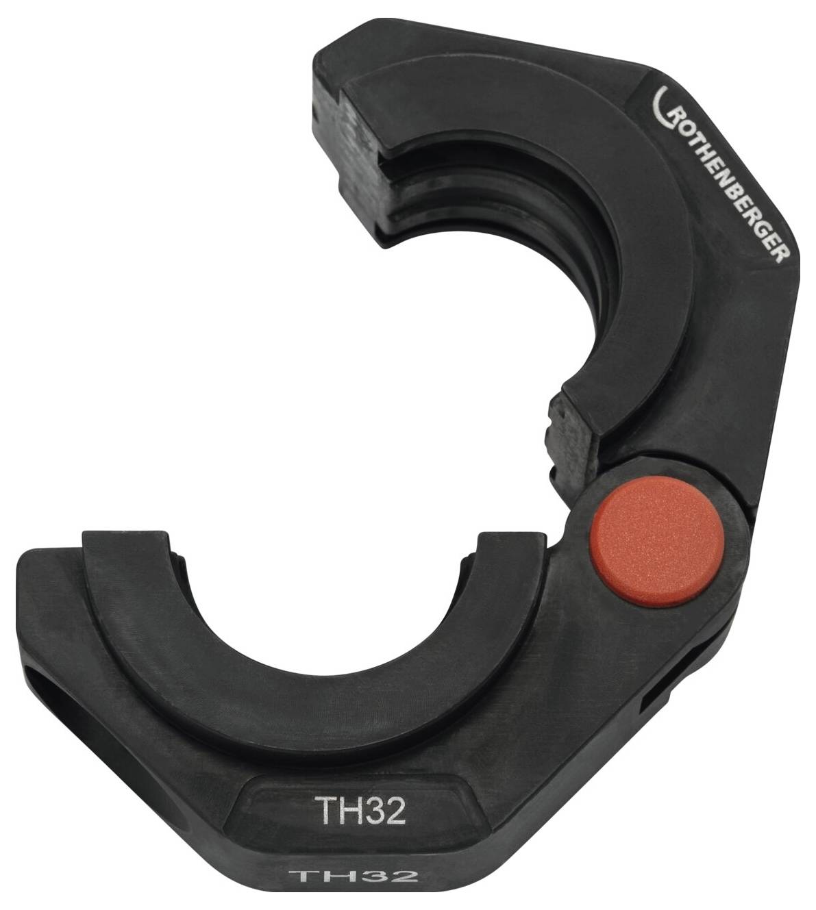 'Rothenberger TH32' pipe cutting tool with black jaws and a red button, used for cutting pipes accurately.