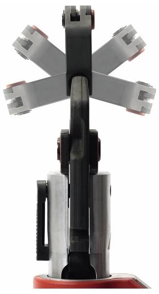 A mechanical arm demonstrating movement, rotating in an upward arc. The arm's joints and structure are visible, illustrating its flexibility.