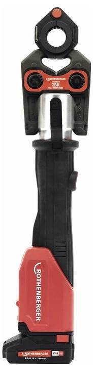 A red and black hydraulic crimping tool with a wide jaw opening, used for compressing sleeves on cables, shown standing upright.