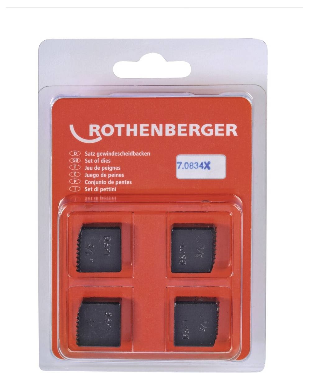 'Rothenberger' branded blister pack containing set of dies, item number 7.0834X. Packaging shows four black pieces, labeled in four languages.