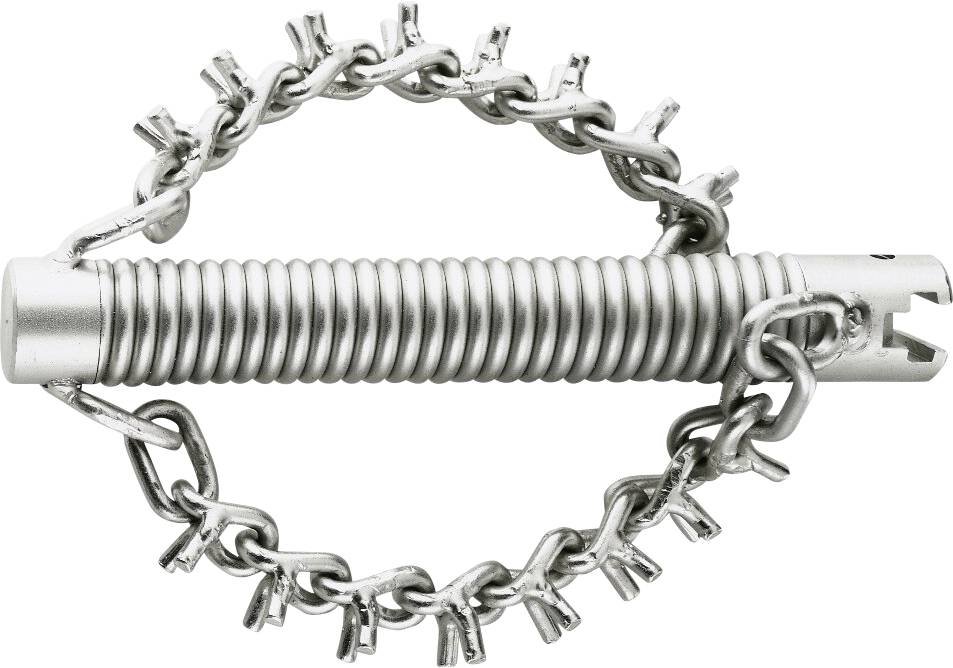 A coiled metallic spring with a chain wrapped around it, possibly used for a mechanical or industrial application.