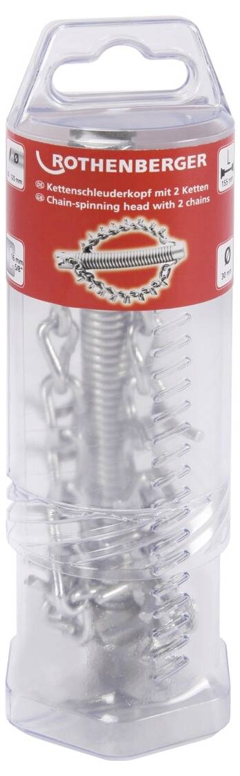 A cylindrical plastic container holds a metal chain-spinning head with two chains. The label reads 'ROTHENBERGER' with branding details.