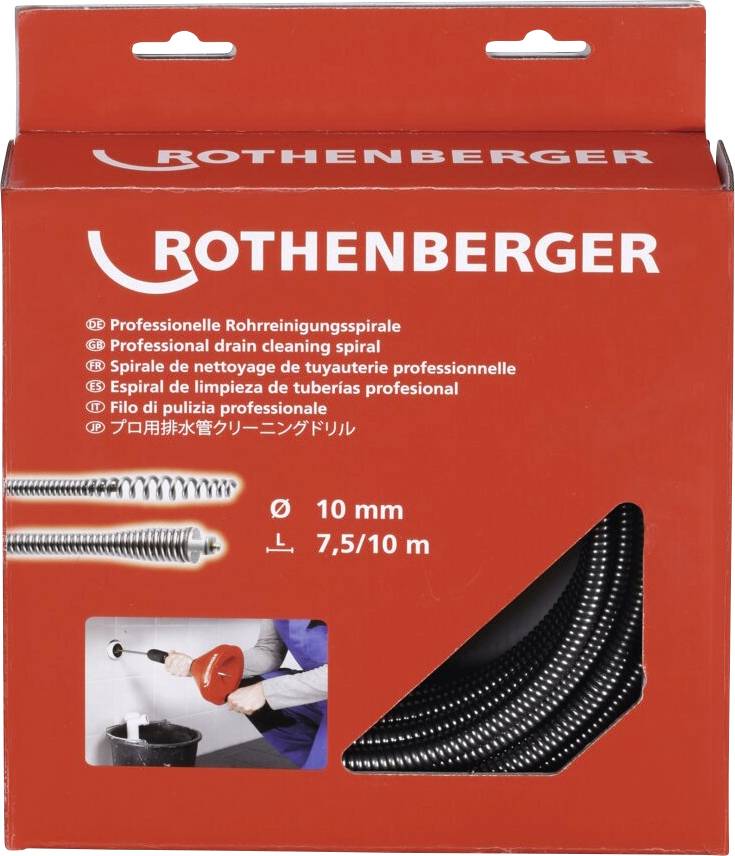 Red box with the brand 'Rothenberger' containing a professional drain cleaning spiral. Text indicates a 10 mm diameter and 7.5/10 m length.
