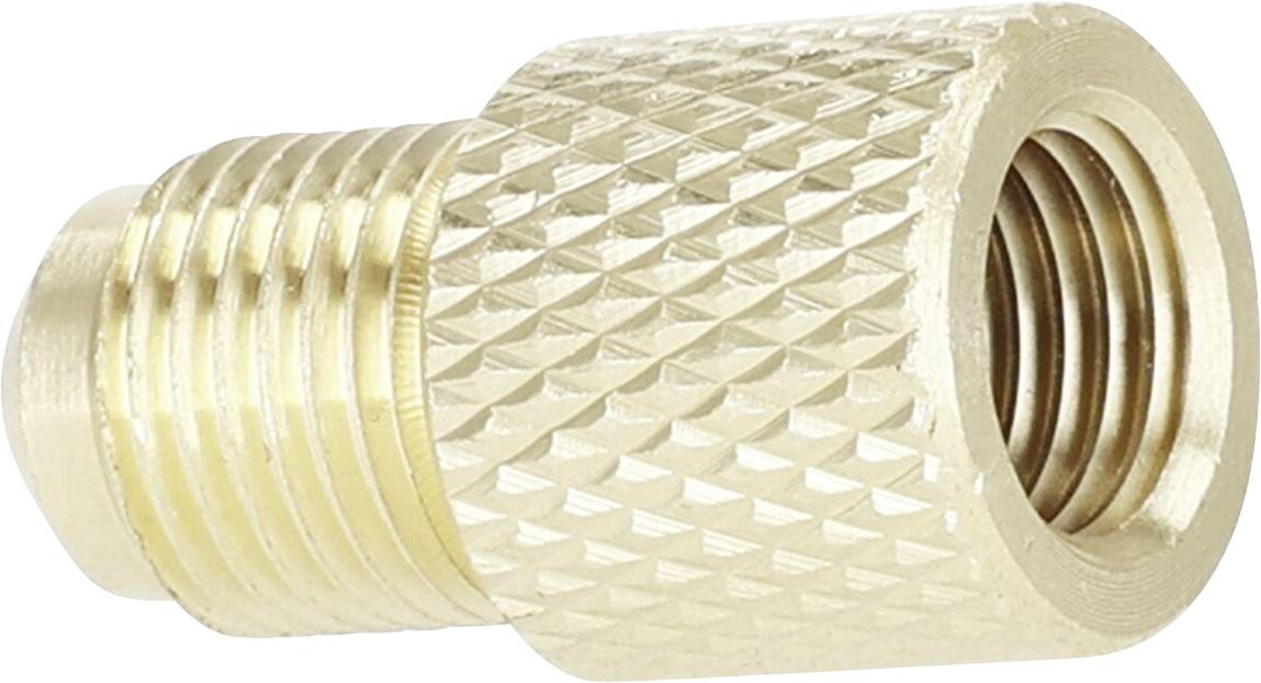 A small, brass adapter with a textured grip and threaded ends used for connecting different types of hardware or pipes.