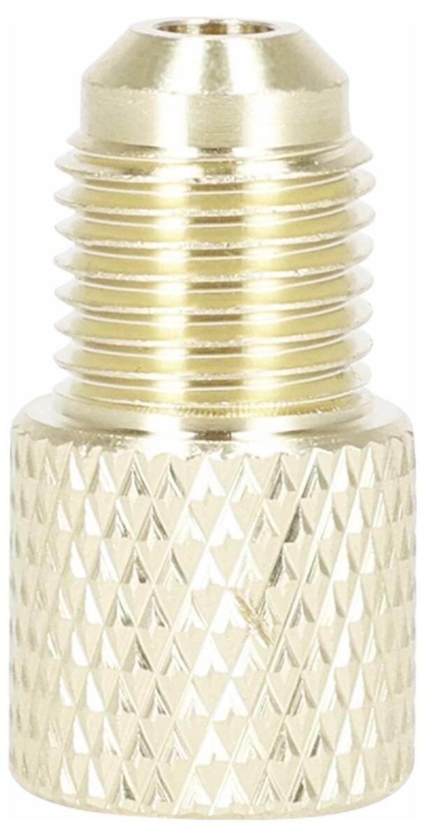 A metallic knurled valve adapter with threads on one end, typically used to connect different types of air or fluid fittings.