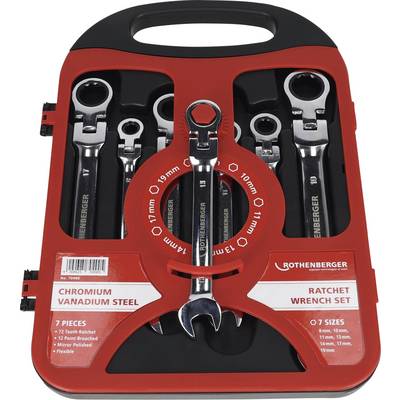 'Rothenberger ratchet wrench set with 7 pieces shown in a black and red case. Sizes range from 8mm to 19mm, made of chromium vanadium steel.'