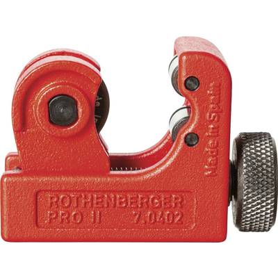 A red pipe cutter labeled 'ROTHENBERGER PRO II' with an adjustable knob, designed for cutting small pipes; made in Spain.