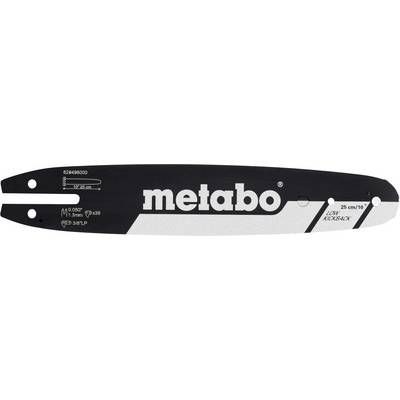 A Metabo reciprocating saw blade with printed specifications and performance markings on a black-and-silver blade.
